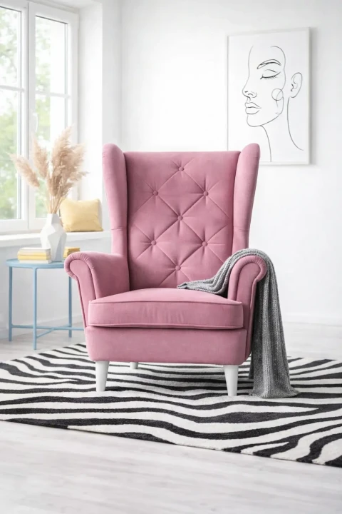 Fotel Uszak KARO w stylu glamour różowy.webp